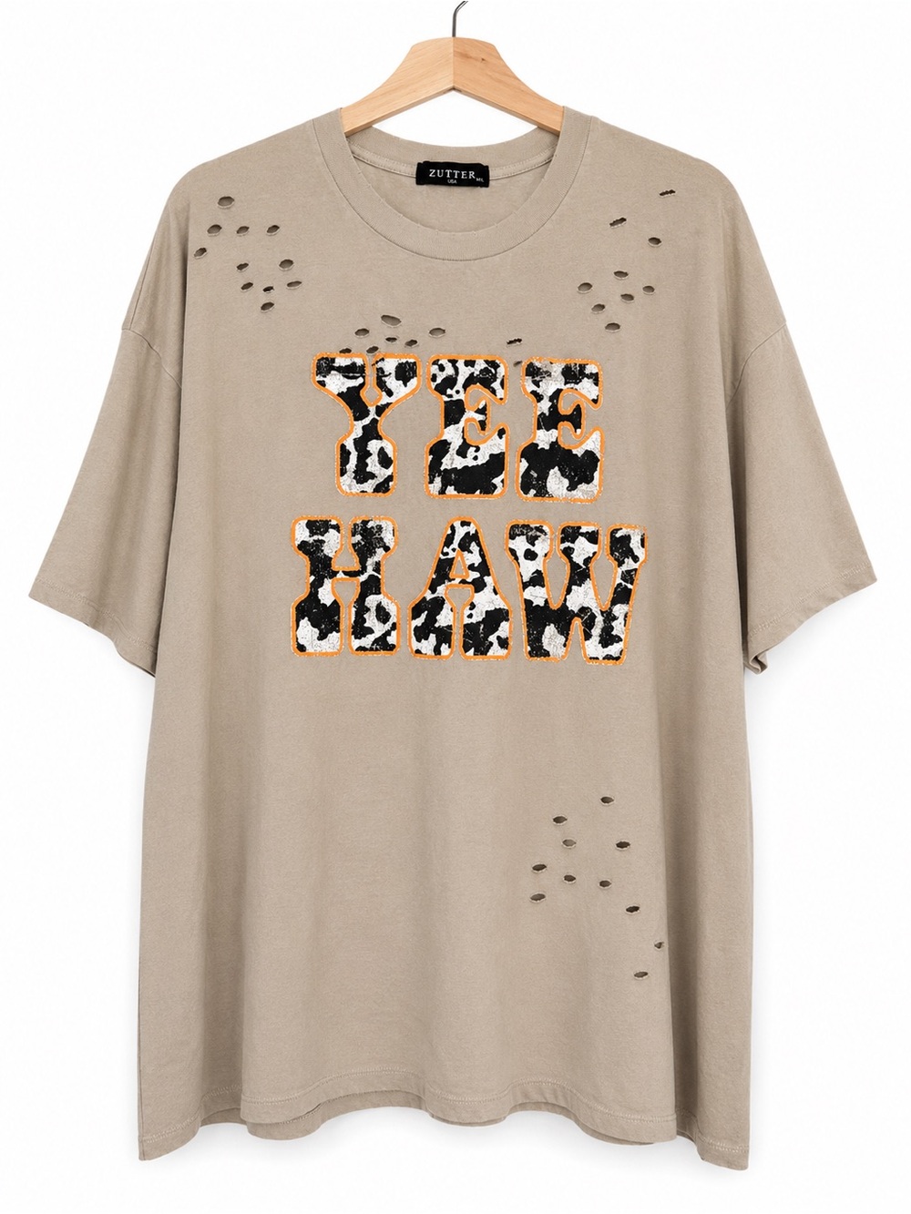 Zutter USA Yee Haw Oversized Distressed Cow Print Graphic Tee M/L Western